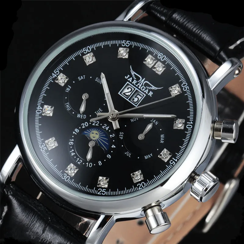 Новый JARAGAR Автоматическая механические часы унисекс Moon Phase Полный календарь Авто