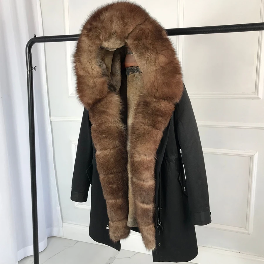 girl parka real fur parka with fox fur big large fox fur collar liner rabbit fur Detachable natural fur coat Female Fox Parkas