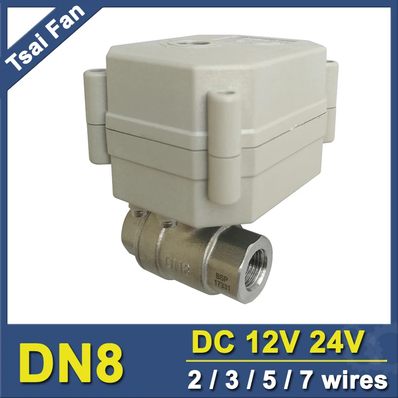 Цай вентилятор DN8 моторизованный шаровой клапан 2/3/5/7 Провода BSP/NPT 1/4 ''SS304 Авто