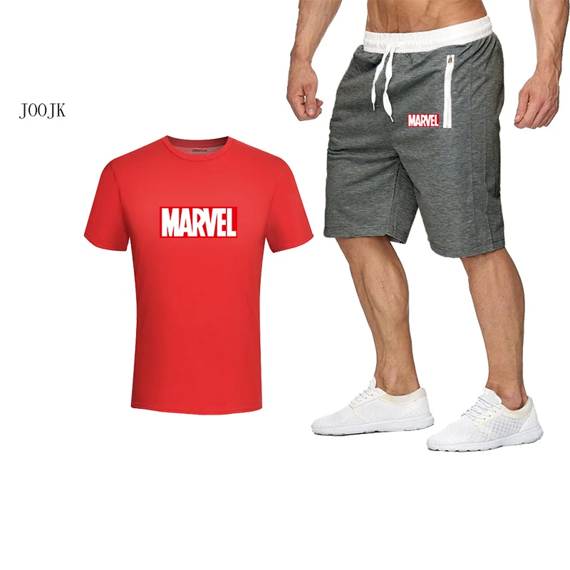 2019 Бесплатная доставка комплекты MARVEL с принтом Мужские футболки + штаны из двух