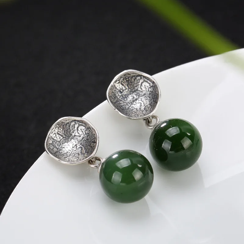 

S925 Pure Silver Inlay Hetian Jade Restoring Ancient Ways Round Pearl Fine Earrings Earrings Wholesale High-grade Joker