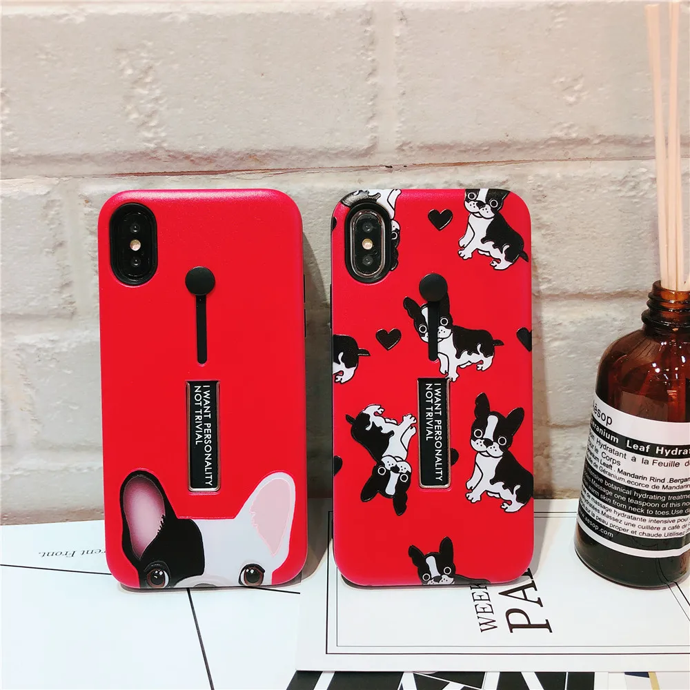 Cute bulldog Hide Stand Holder soft Phone Case For iPhone 7 Red Cartoon Capa Fundas X XS MAX XR 6 6s 8 Plus case |