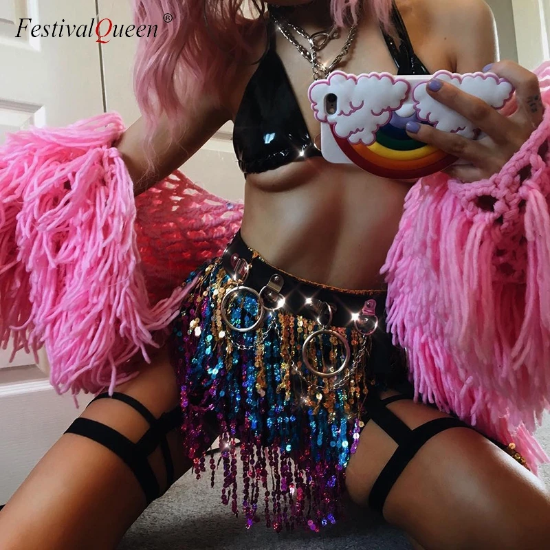 FestivalQueen 2018 новая бандажная юбка с бахромой и блестками женские летние пляжные