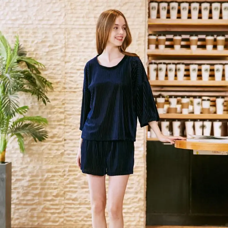 navyblue Лето Осень женский костюм-двойка тонкий велюровый пижамный комплект шорты с коротким рукавом пижамный комплект с круглым вырезом модная свободная Пижама - Цвет: navyblue