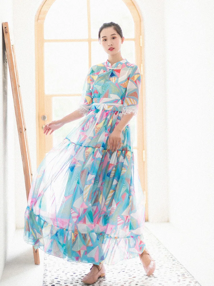 IRINAY539 2019 коллекция ss винтажное цветное геометрическое принт шифоновый Платье
