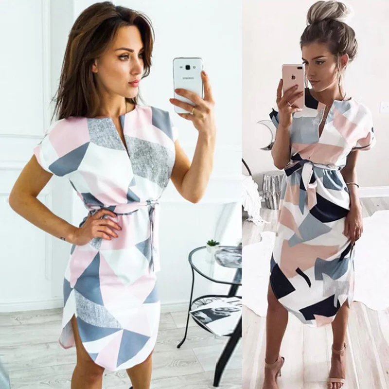Женское вечернее платье миди с геометрическим принтом летнее пляжное в стиле