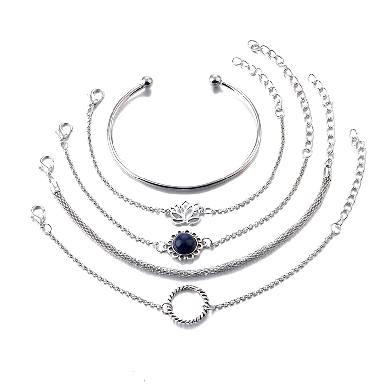 Trendy Jewelry Lotus Simple Bracelet Temperament Flower Chain Five-piece Set Hand Festival Gift Girls Day | Украшения и