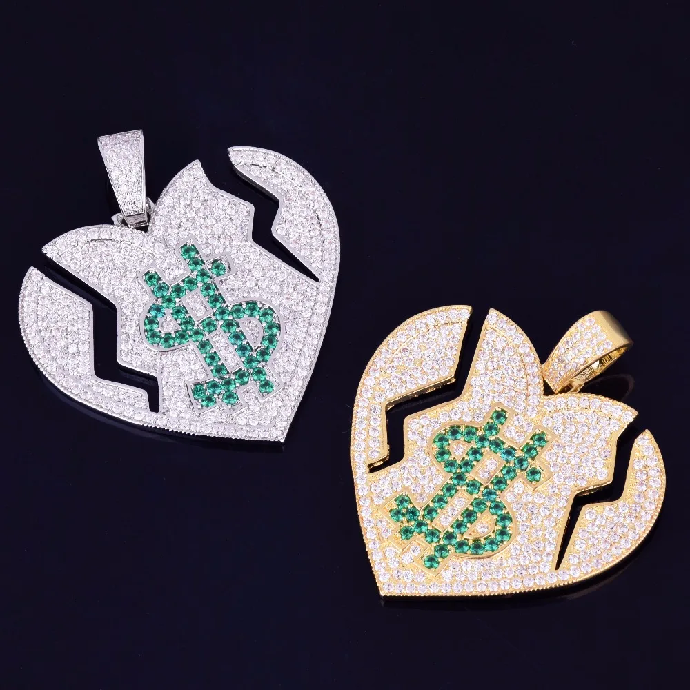 Iced Out Broken Heart Dollar Symbol Love Pendant Necklace With Tennis Chain AAA Cubic Zircon Men's Women Hip hop Rock Jewelry