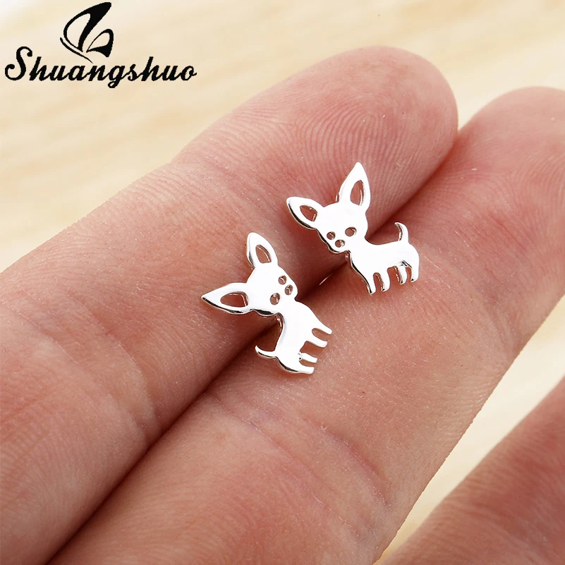 Shuangshuo New Arrival Chihuahua Stainless Steel Earrings for Women Cute Dog Studs Chihuahua Jewelry Love My Pet Animal Earrings