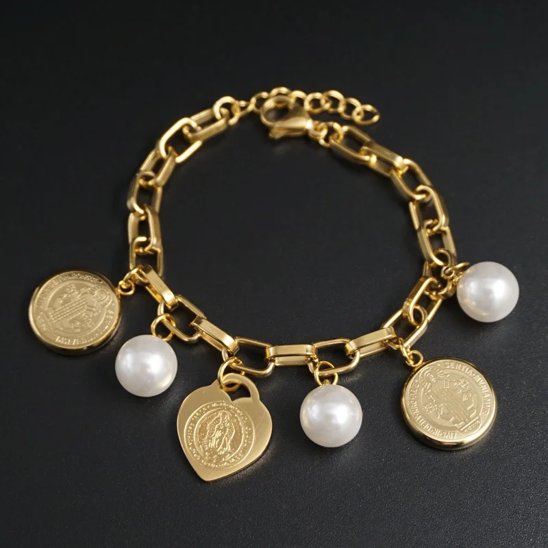 Женский жемчужный браслет из нержавеющей стали золотистого цвета с сердечками