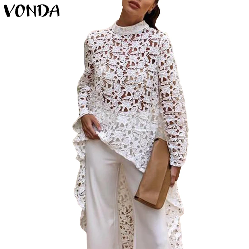 VONDA, S-5XL, белая кружевная блузка для женщин,, летние топы, туника, сексуальные, с неровным подолом, полые топы, сексуальные блузки, пляжные блузы, повседневные рубашки