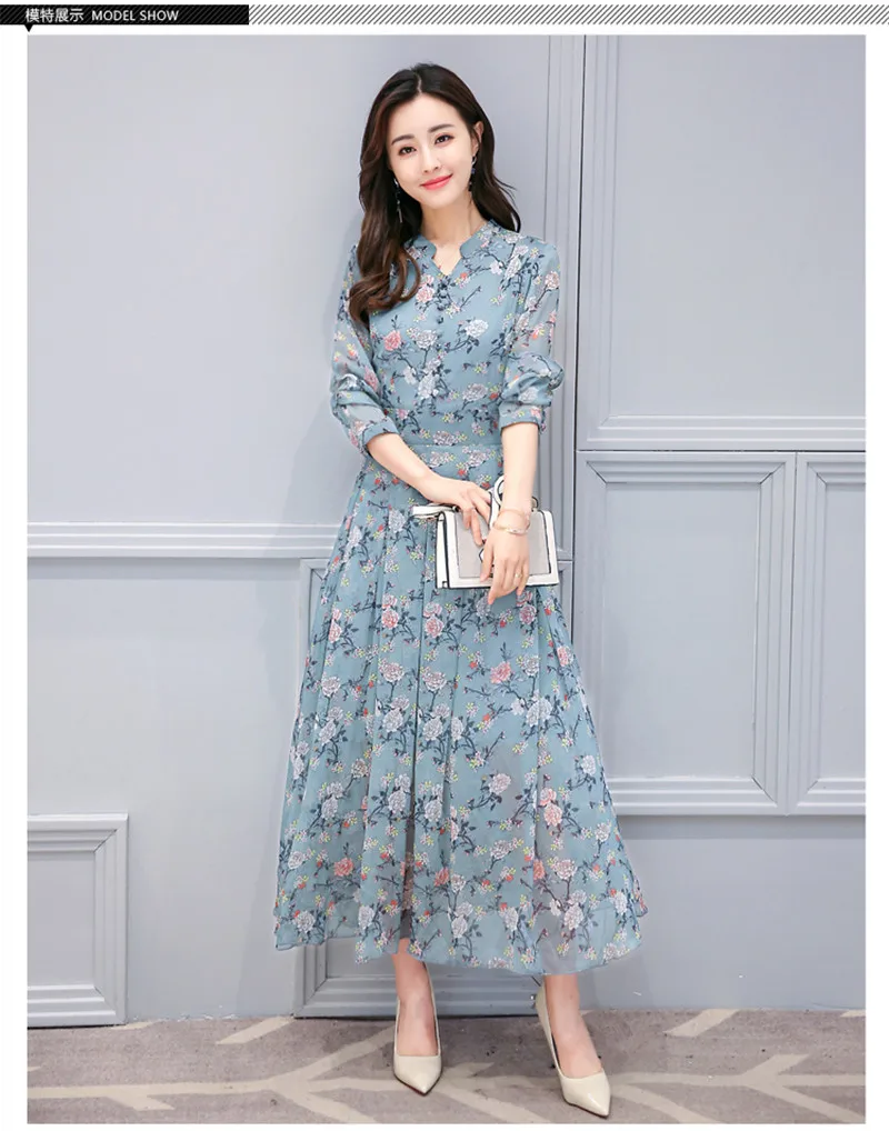 Hong Kong style весеннее Новое корейское тонкое шифоновое платье с длинными рукавами и цветочным принтом