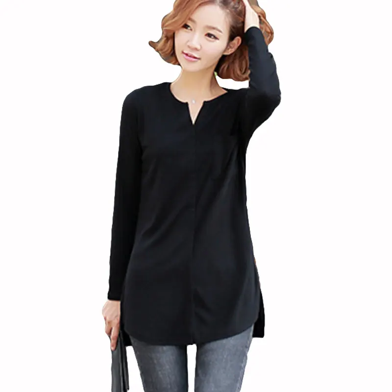 

2018 fashion autumn soild color women V collar T-shirt medium length long sleeves simple loose female T-shirt bottom shirt X001