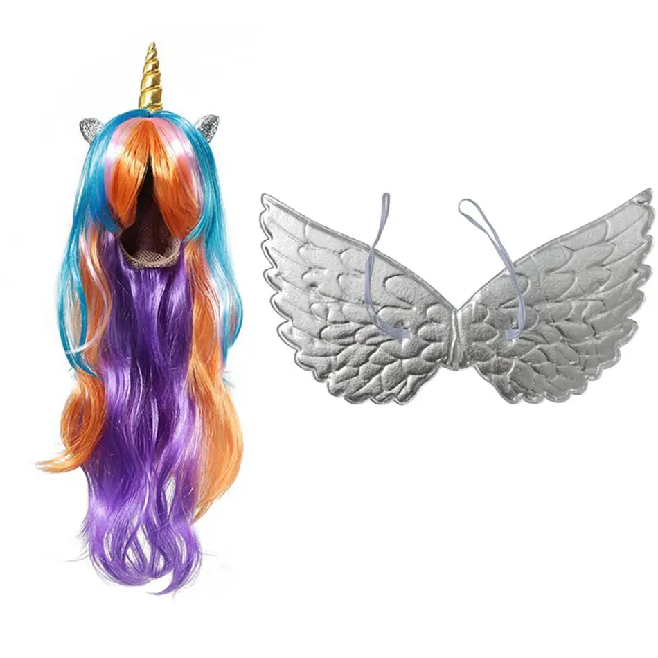 Unicorn Wig B Set 01 MUABABY/парик и крылья единорога для девочек; Детские аксессуары для принцессы; реквизит для костюмированной вечеринки для девочек; одежда для дня рождения - Цвет: Unicorn Wig B Set 01