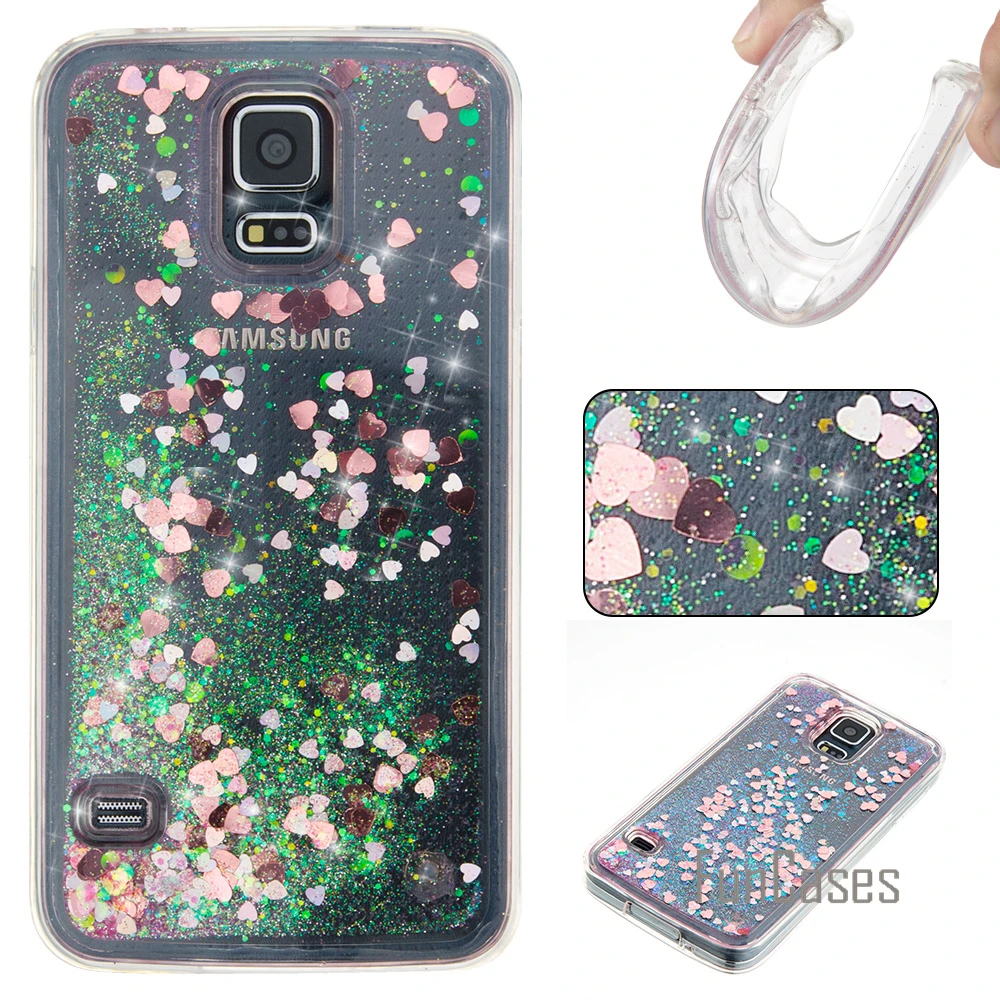 Динамический с блестками и жидкостью PU кожаный флип чехол для coque samsung S5 SV i9600 fundas