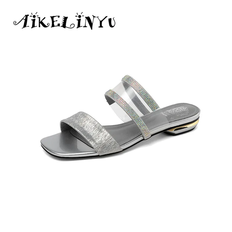 AIKELINYU/брендовые туфли без задника на плоской подошве; обувь из натуральной кожи; женские повседневные удобные шлепанцы; модные сандалии со стразами; большие размеры 34-43