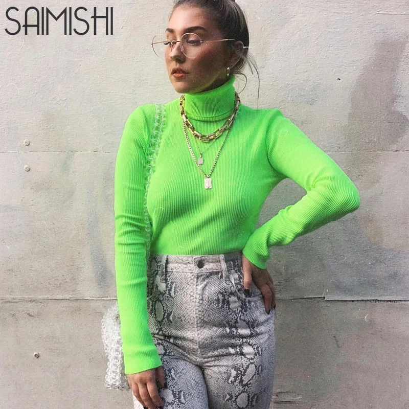 Saimishi, длинный рукав, высокая горловина, бодикон, флуоресцентные однотонные топы, весна-осень, женская мода, уличная одежда, Повседневный свитер