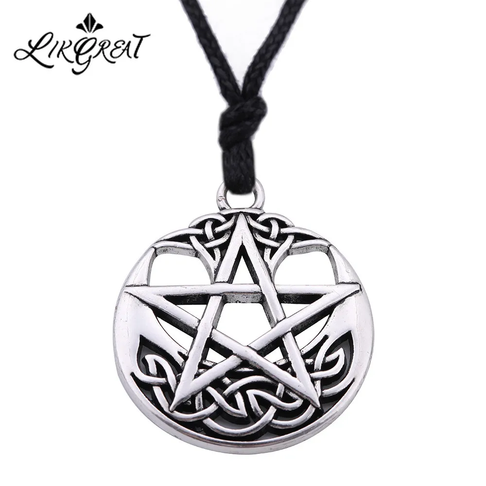 LIKGREAT Vintage Pentagram Round Pendant Necklace Celtics Knot Wicca Jewerly Hollow Pentacle Accessories Amulet Necklace