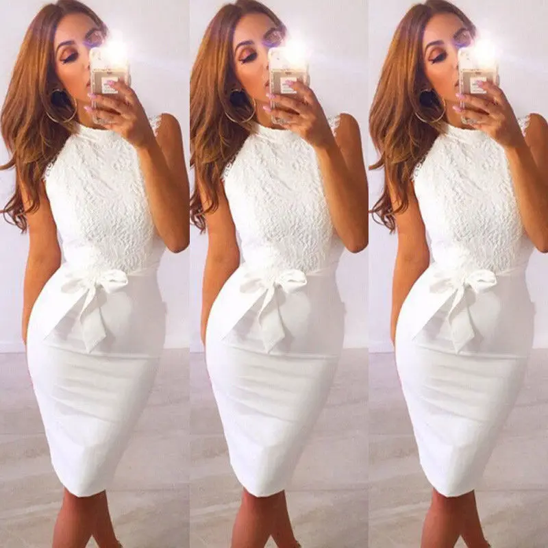 2018 Summer new Sexy Women crew neck sleeveless Lace floral Evening Party bodycon Dress elegant female white lace slim dresses | Женская