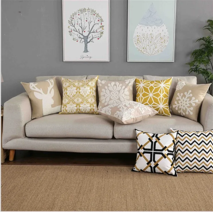 Домашний декор вышитая наволочка желтый черный геометрический холст хлопок