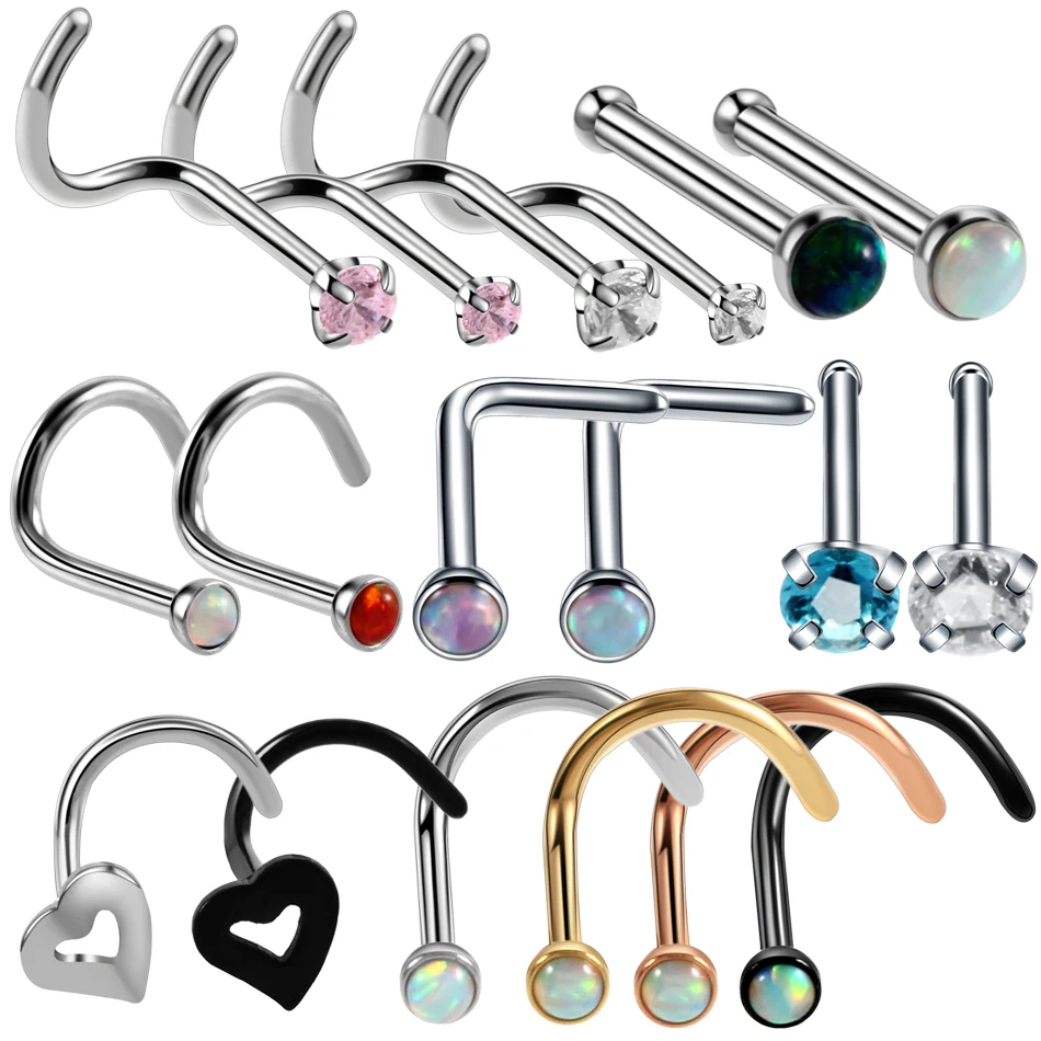 

1PC 20G Steel Nose Rings Nariz Earrings Nostril Piercings CZ Opal Piercing Nose Screw Curved Prong Nose Stud Rings Body Jewelry
