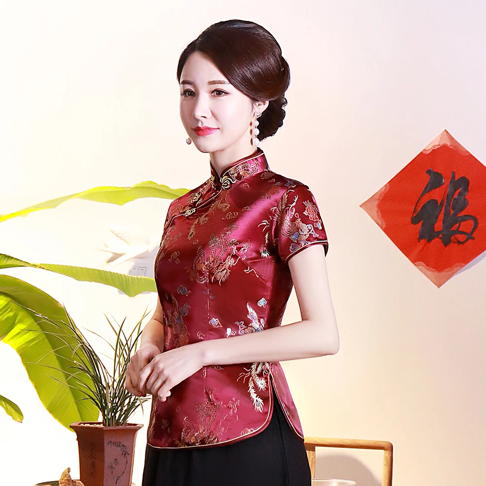 

Chinese Women Satin Summer Blouse Plus Size 3XL 4XL Burgundy Dragon&Phoenix Shirt Vintage Slim Tang Tops Classic Clothing