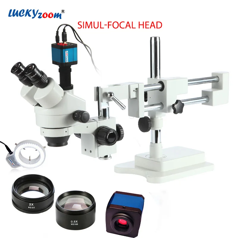 Luckyzoom 3.5X-90X Simul-Focal двойной стрелы стенд Тринокулярный Стерео зум микроскоп 14MP HDMI камера 144 шт. кольцевой светильник Microscopio