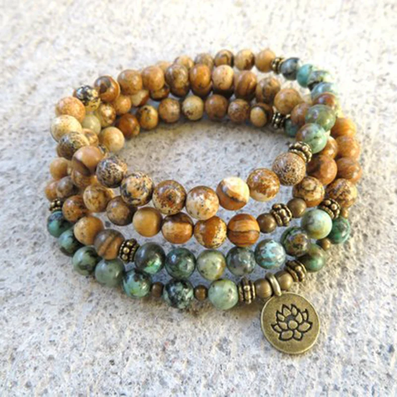 108 mala beads браслет Lotus Yoga Штабелируемый индийский камень и Африканский T urquoise из
