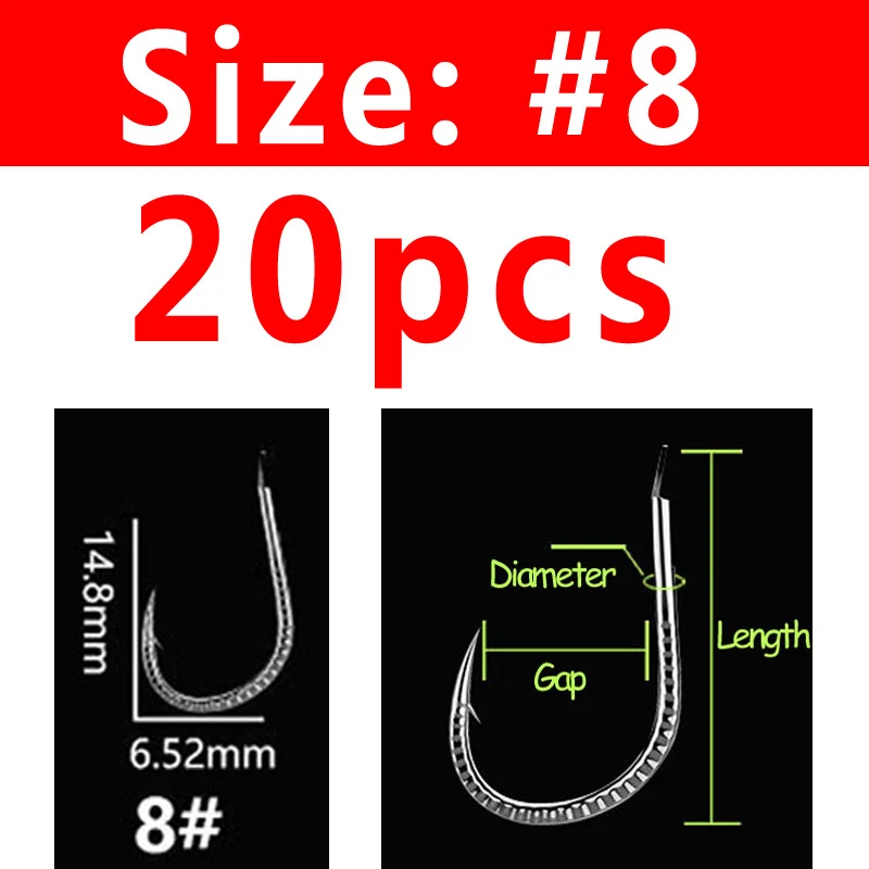 Size 8 20PCS Bimoo 20 шт. серебряный цвет сильная Стрекоза сельдь карпа Bighead крючок рыболовный крючок колючая пресноводная рыба Крючки Размер#1~#13 - Цвет: Size 8 20PCS