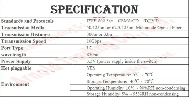 50/125um 62 5/125um 10000 Мбит/с 10 Гбит/с многомодовый SFP + оптический модуль 850 нм 300 м 33 LC