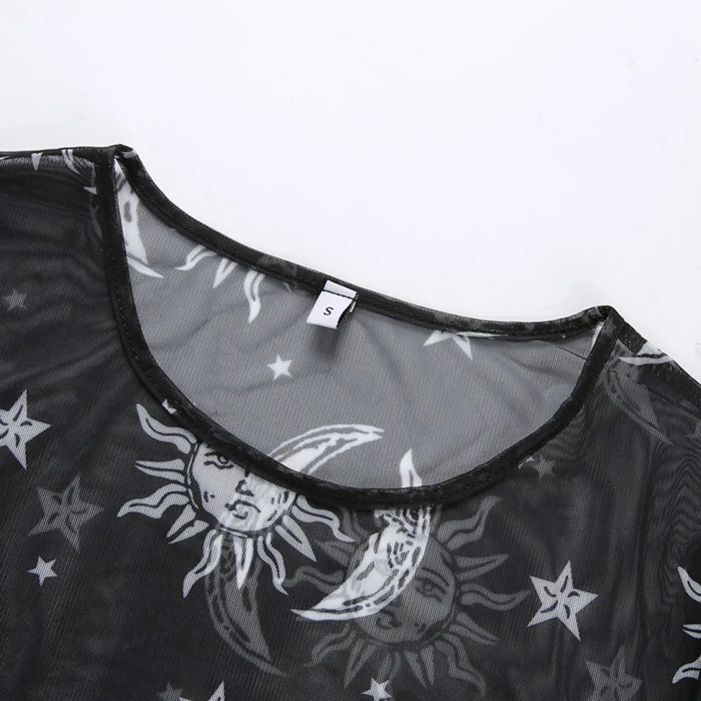 Прозрачный сетчатый топ Mode schwarz weibliche футболка Sonne Mond Sterne druck langarm укороченный Camiseta 2019|Футболки| |