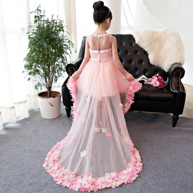 

First Communion Birthday Party Kids Girl's Dresses Floral Mesh Clothing With Long Trail Sleeveless Children's Ball Gowns JF646