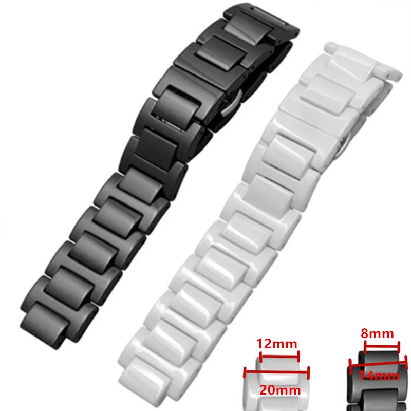 New HQ Ceramic Watchband 14*8 / 20*12 mm Watche Band Strap Belt Black With Folding Clasp  Buckle For Ballon Bleu Series