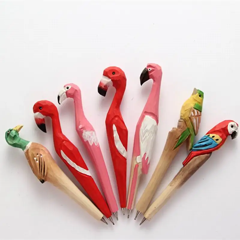 Handmade Animal carved wood pen Cute creative Flamingo Writing Pen Ball Point Wooden Novelty Gift School Stationary Ballpoint