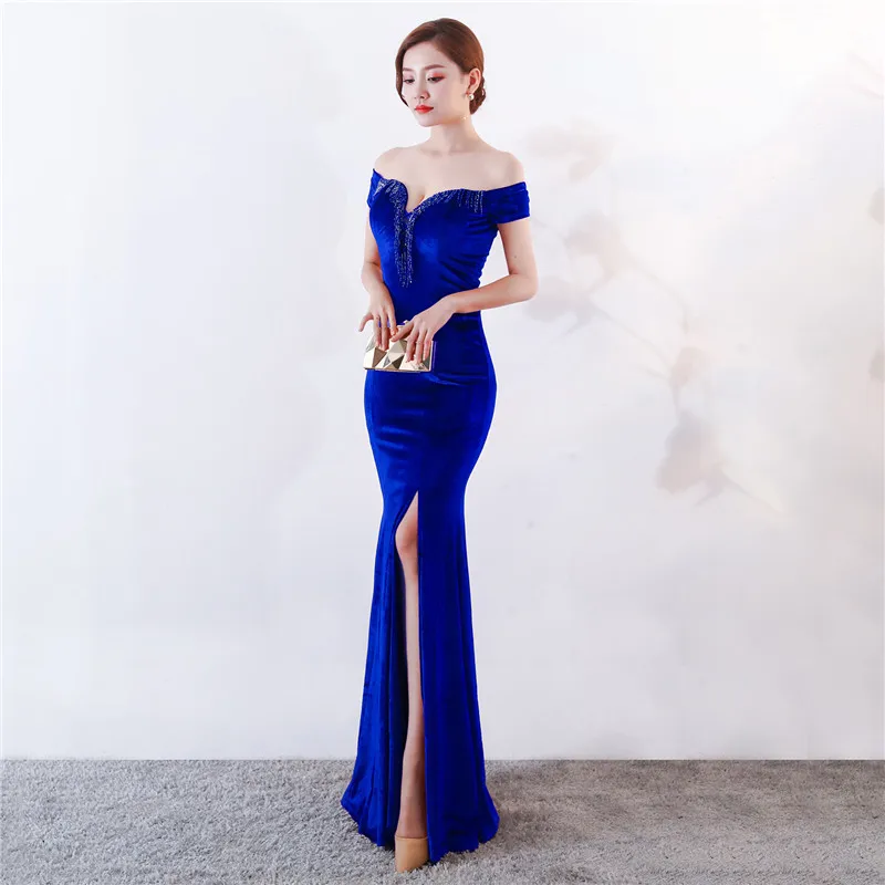 Женское бархатное вечернее платье Русалка с бриллиантами вырезом лодочкой без