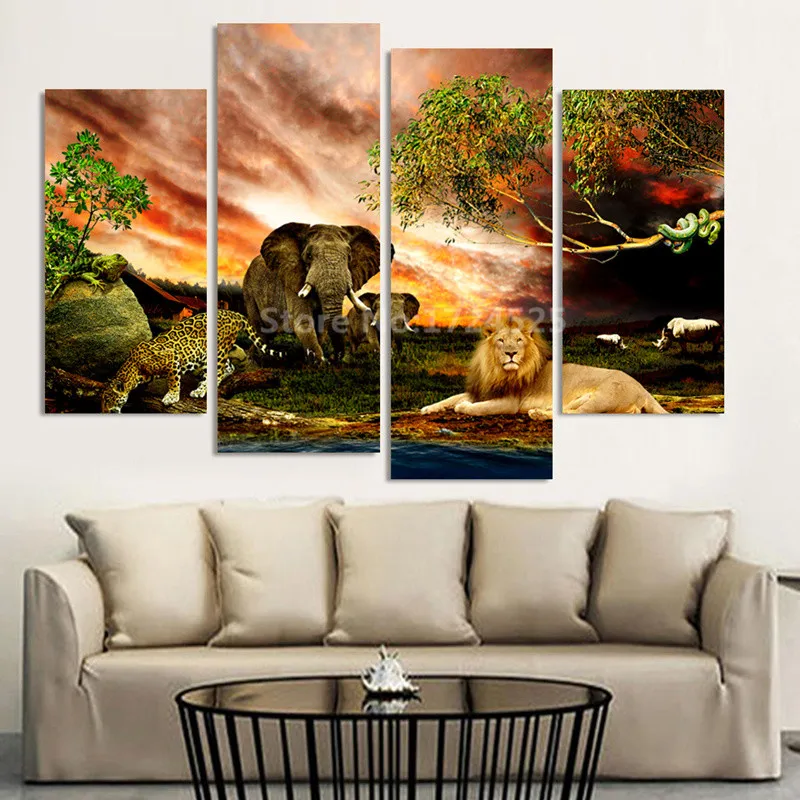 

Modern Home Decor Painting Wild Animals Landscape Pictures Decorative Paintings 4 Panel Wall Art Printed on canvas No Frame