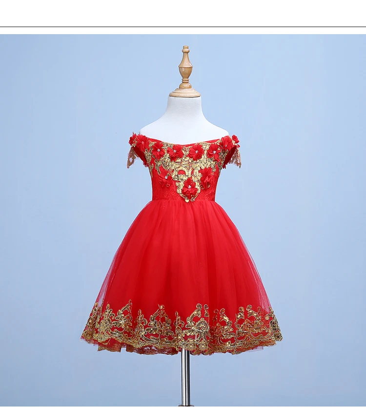 Elegant Red Tulle Appliques Girls Wedding Dress Shoulderless Kids Party Prom Dresses Lace First Communion for Birthday | Детская одежда
