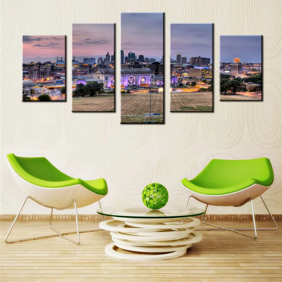 5 панелей закат из города Канзас освещение здание пейзаж картина на стену