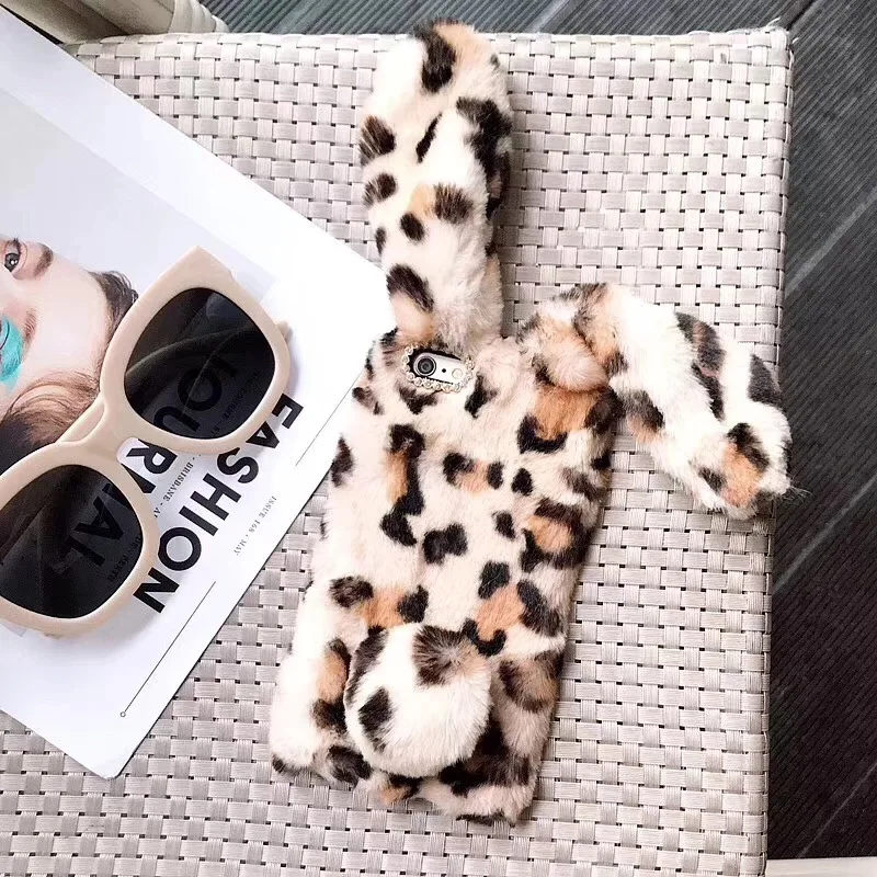 

Leopard Print Fluffy Rabbit Hair Fur Case for iPhone 11 11 Pro Max Soft TPU Back Cover for iPhone Xs Max XR X 8 7 6 Plus Case
