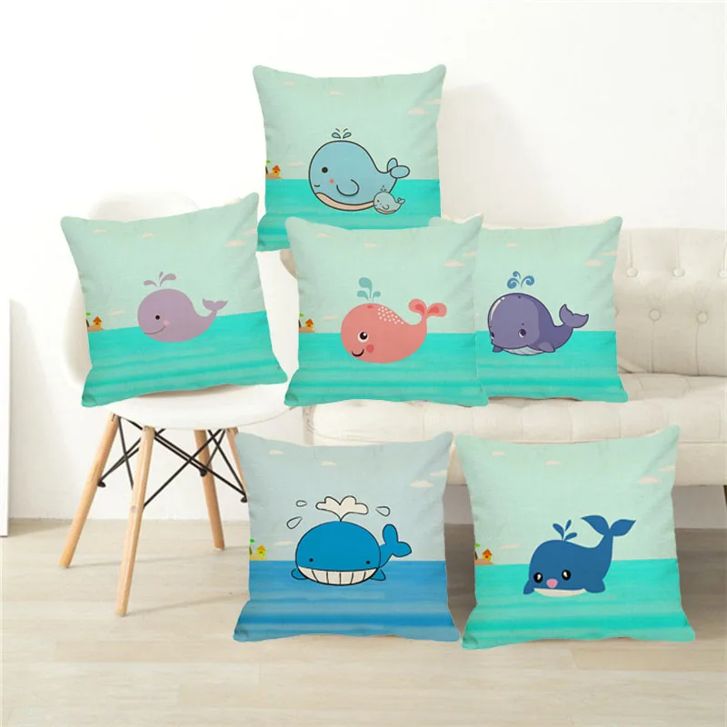 

XUNYU Cute Cartoon Cushion Cover Cartoon Whale Pattern Square Linen Pillowcase Sofa Throw Pillow Case Home Decor Pillowcases