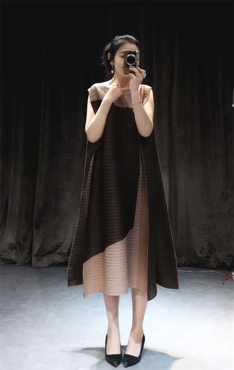 Хаки Miyake Fold/Новинка года; летнее платье высокого качества; шифоновое платье без рукавов со складками; платья больших размеров; - Цвет: Хаки
