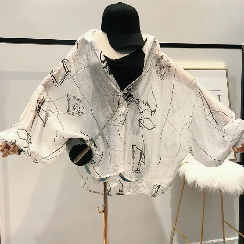 Neploe Harajuku, женские рубашки с принтом, лето, отложной воротник, рукав летучая мышь, блузка, свободная, солнцезащитная, женские топы 44659