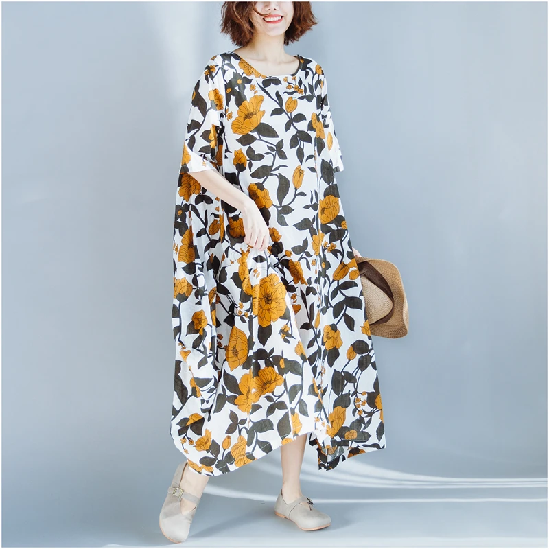 2018 Lagenlook хлопка с коротким рукавом цветочным принтом прямые платья дамы