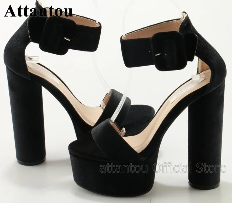 

Concise Desiger Suede Leather Thick Waterproof Platform Round Heel High Heel Sandals Woman Buckle Straps Block Heeled Sandals