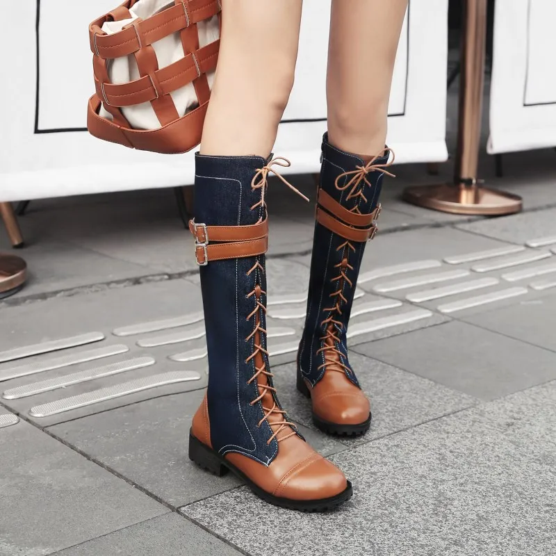 Модные женские классические ботинки до середины икры из PU искусственной кожи