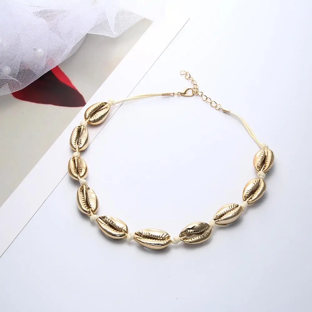 Boho золотистый серебристый металлический натуральная ракушка ожерелье Cowry Conch