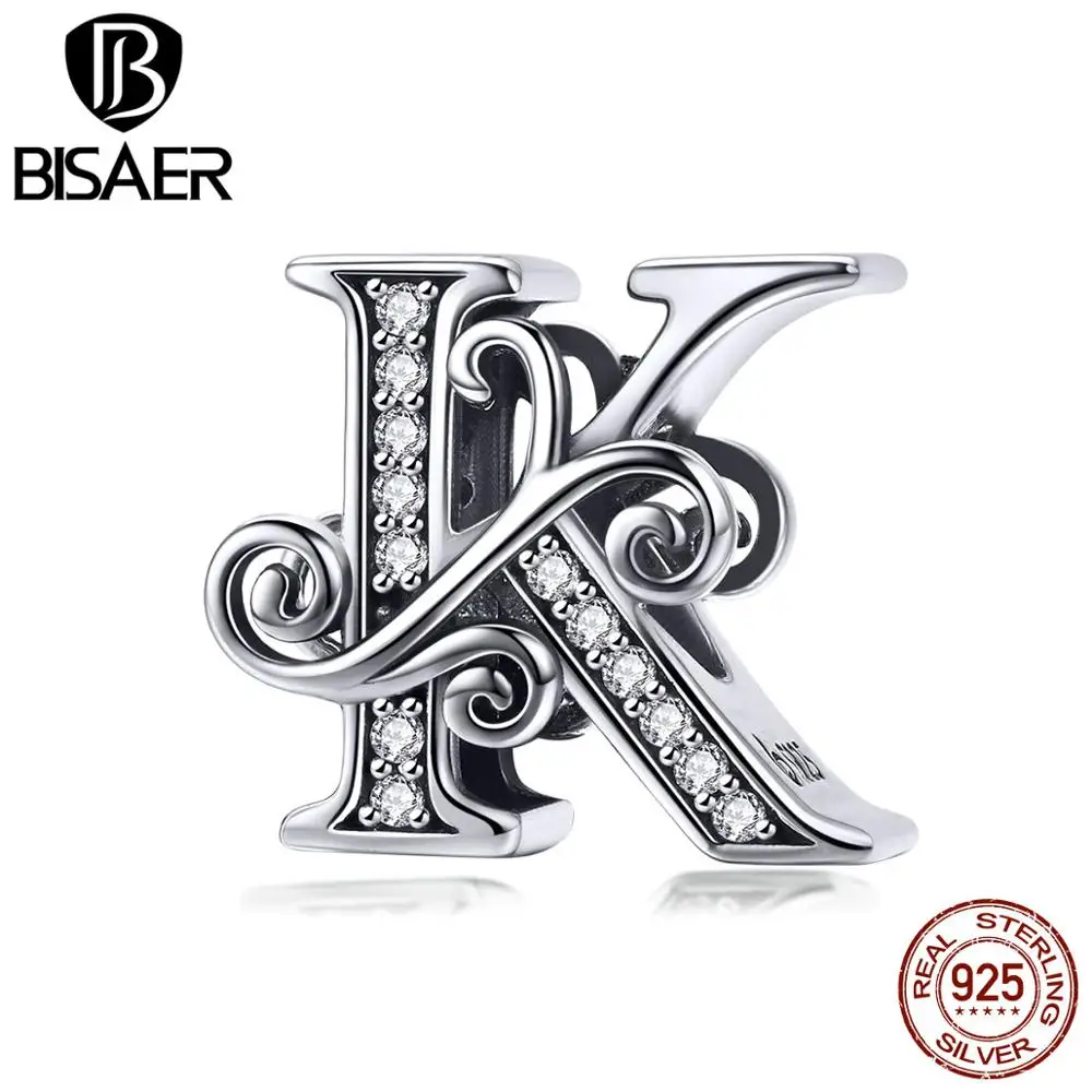 Бусины BISAER для браслета, подлинные 925 пробы, серебро, циркон, алфавит от A до Z, для женщин, изготовление ювелирных изделий, именные подарки GAC030 - Цвет: GAC030-K