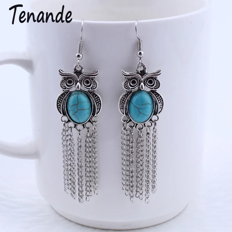 Женские длинные серьги подвески из тибетского серебристого цвета с натуральным