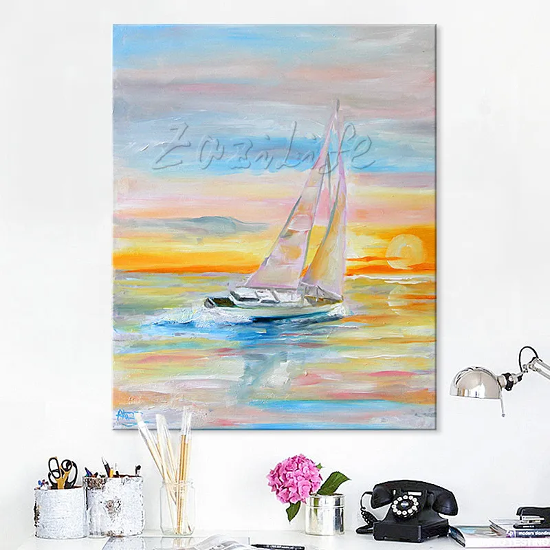Абстрактная картина маслом ручная роспись лодка корабль парусный спорт холст