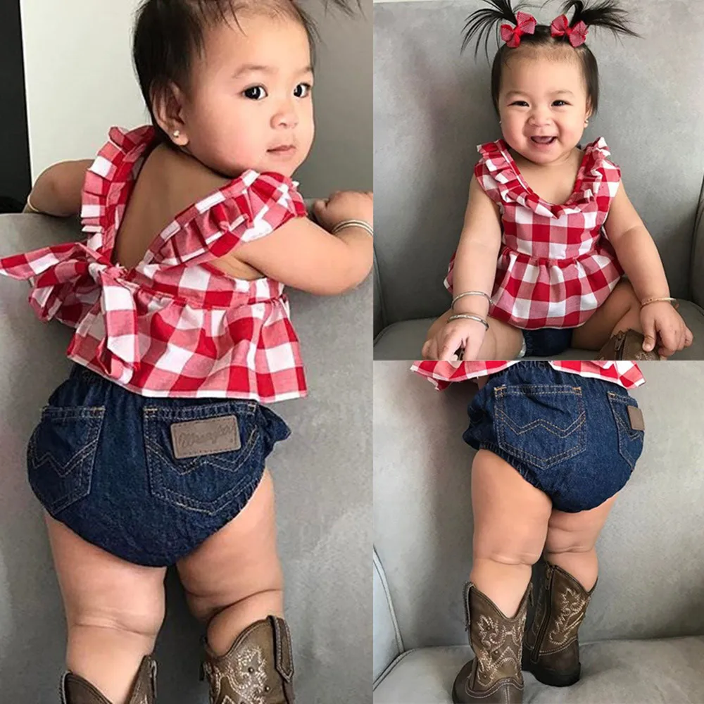 MUQGEW 2019 Детская летняя Клетчатая футболка топ и джинсовые шорты комплект одежды